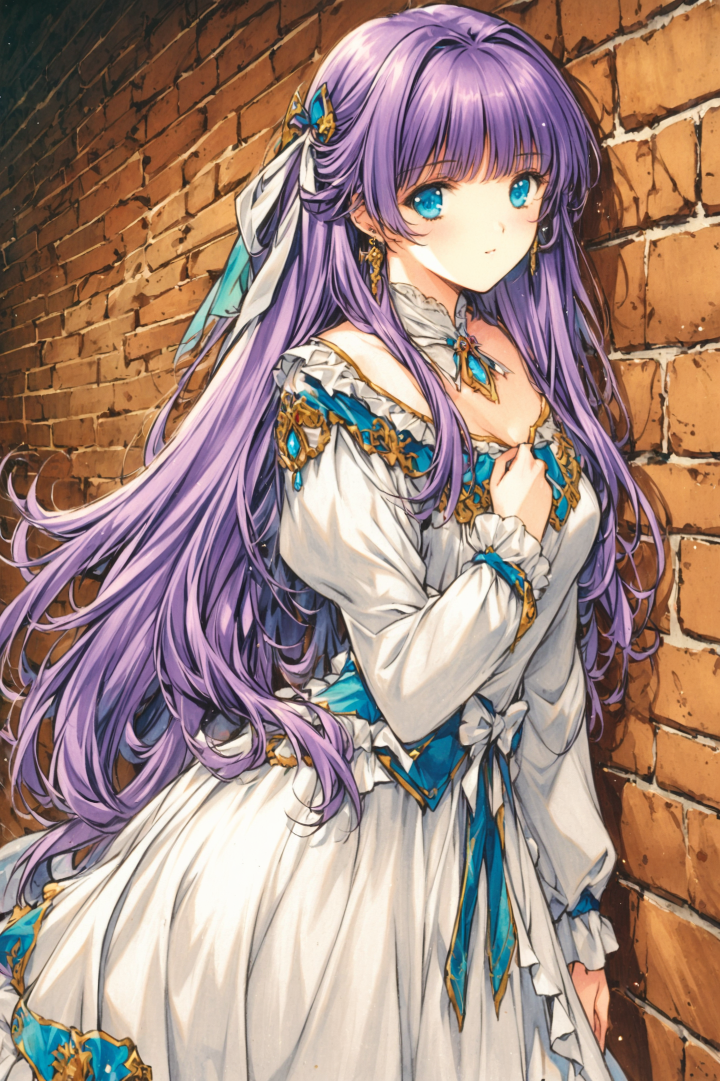 30134-934991732-1girl,solo,long hair,blue eyes,jewelry,earrings,hair ornament,purple hair,brick wall,long sleeves,looking at viewer,ribbon,dress.png